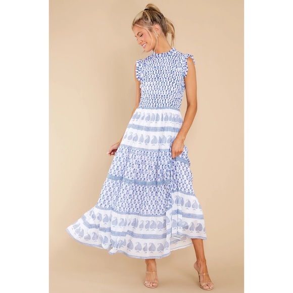Oliphant Flora Maxi Dress Blue Print Cotton Smocked Midi Fit & Flare Sundress XS - Picture 1 of 10